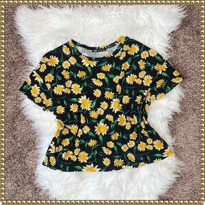 Zara Black Floral Short Sleeve Top Small